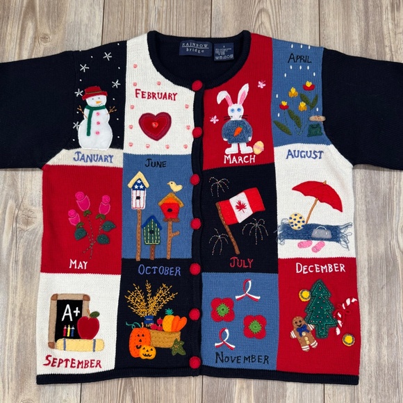 Vintage Rainbow Bridge Embroidered Calendar Cardigan Sweater Size Small - Picture 13 of 16